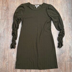 BCBGeneration Ribbed Textured Ruched Sleeve Olive Mini Dress | Size M